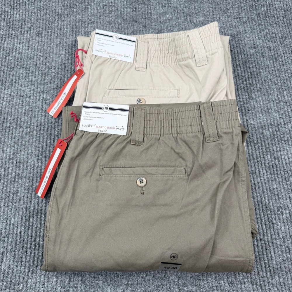 New HB Harbor Bay Chino Pants Mens 1XLx30 Loose Fit Elastic Waist Lot of 2 Basic